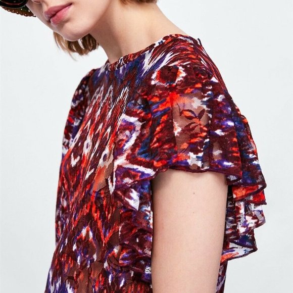 NWT - Zara Printed Lace Top Short Ruffled Sleeves - Picture 3 of 8